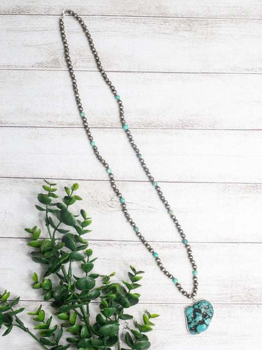 Kick Rocks Cowboy Turquoise Rock Pendant On A Navajo Pearl Necklace: Turquoise / One Size