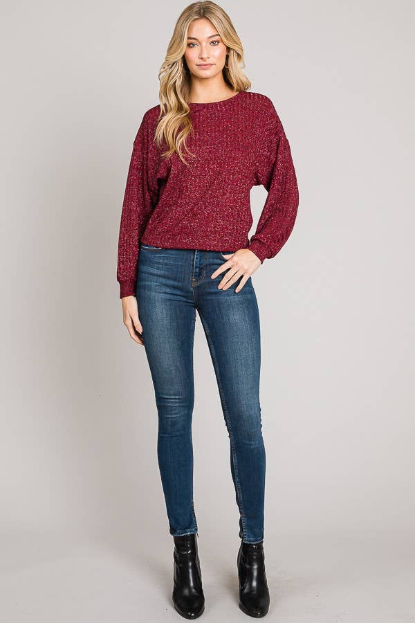 Long Sleeve Boxy Crop Top Lurex Rib Knit