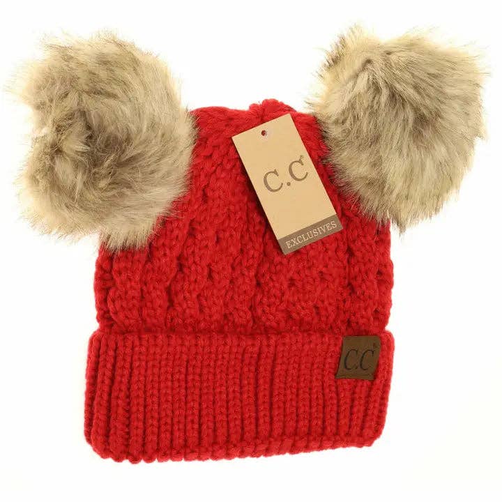 Cable Knit Double Pom Beanie: Red