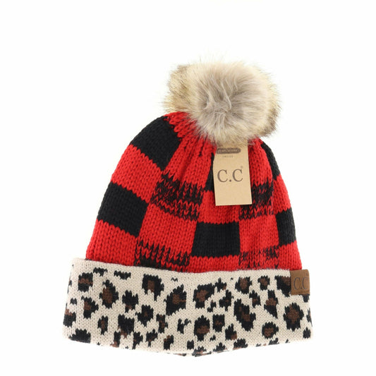 Leopard/Buffalo Mixed Print Fur Pom C.C Beanie: Red/Black