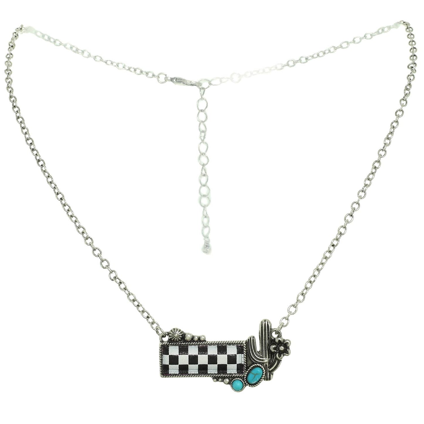 Western Checkerboard Cactus Pendant Necklace : Black