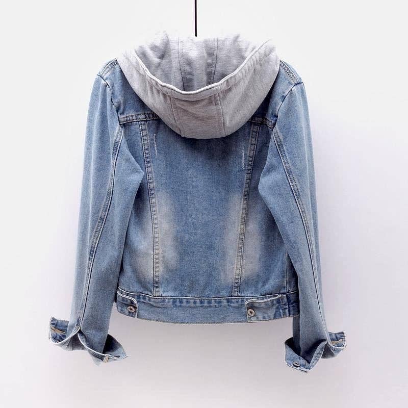 Women Casual Hooded Denim Jacket with Patchwork Design: Light Blue / S