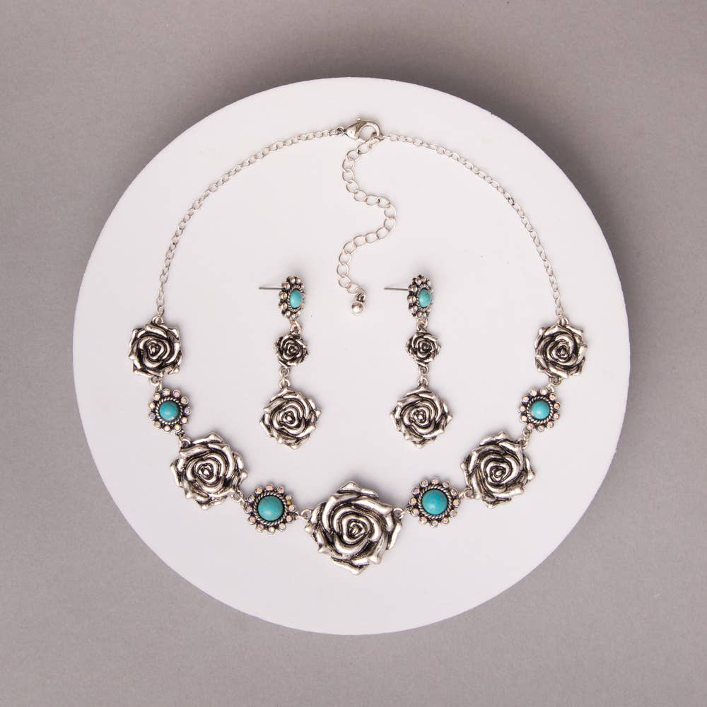 Western Rose Blossom Necklace & Earring Set: Turquoise