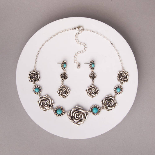 Western Rose Blossom Necklace & Earring Set: Turquoise