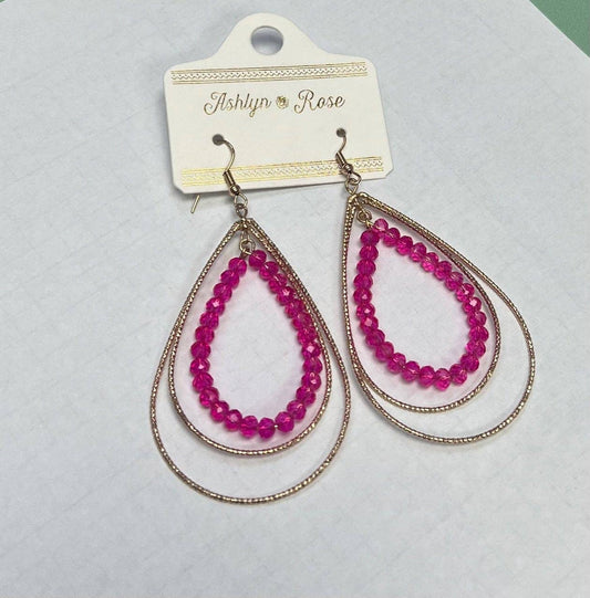 You've Got Me Mesmerized Gold Teardrop Crystal Beaded Hoop Earrings: Pink