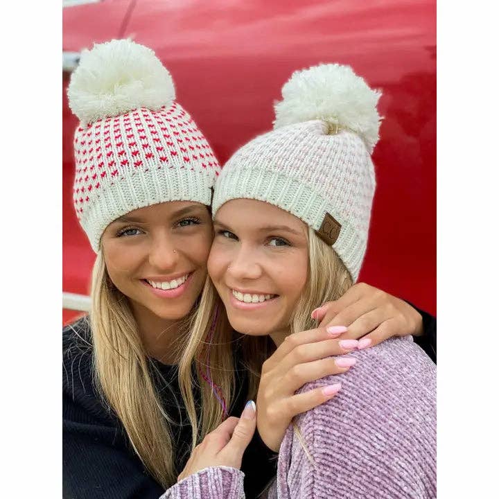 Heart Knit Pom Beanies