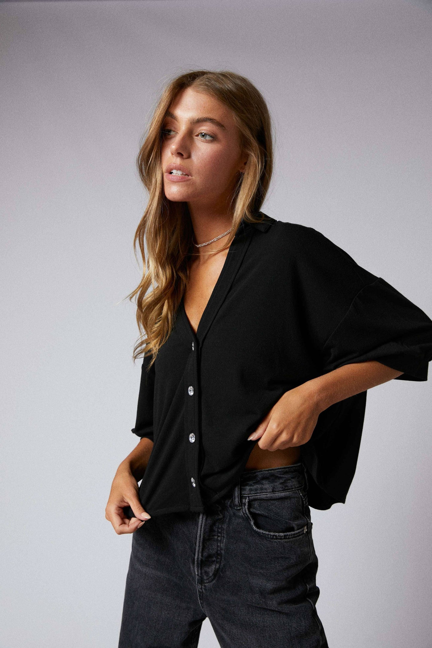 Elbow Sleeves W/Rhinestone Button Down Crop Shirt