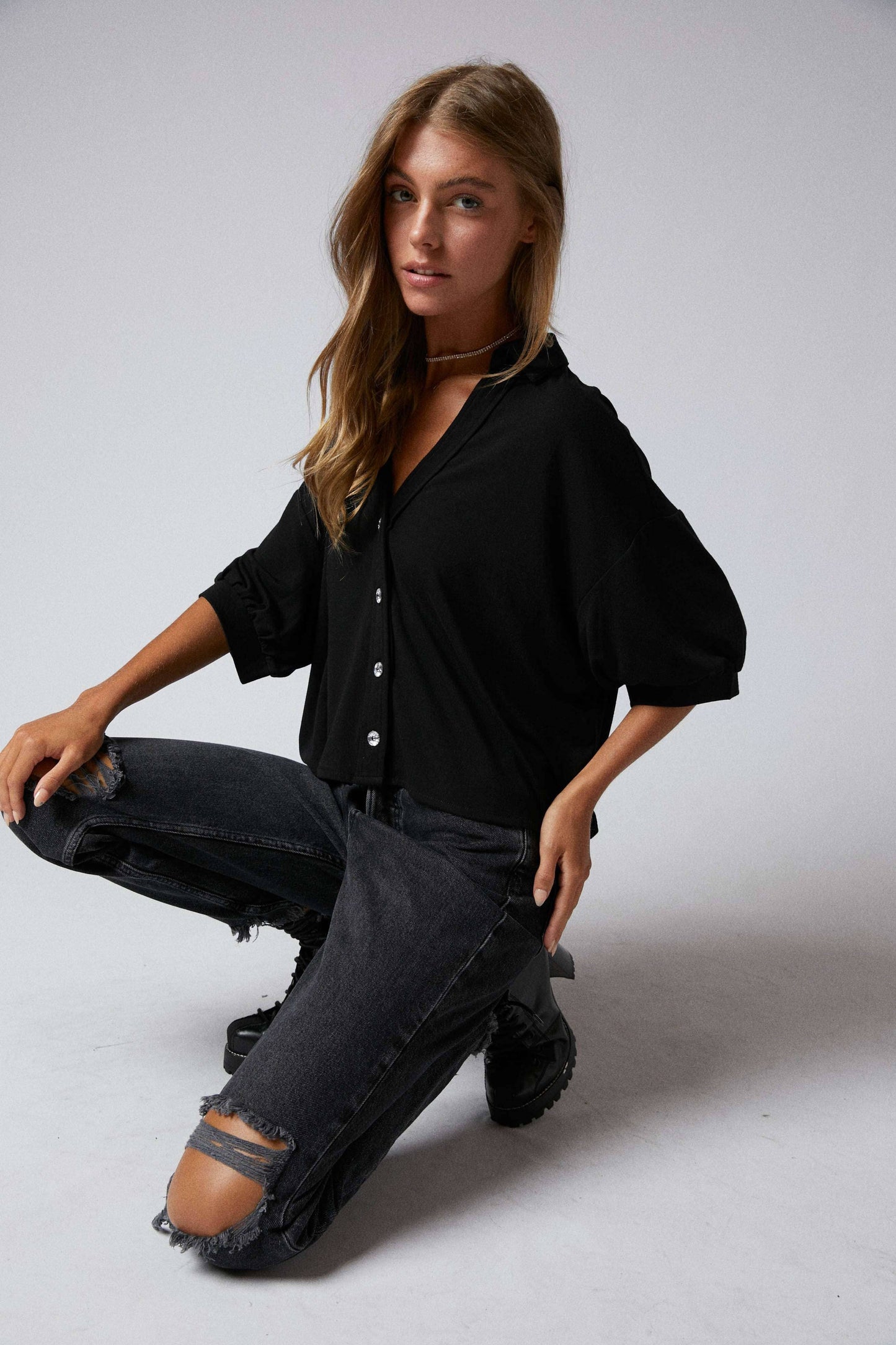 Elbow Sleeves W/Rhinestone Button Down Crop Shirt