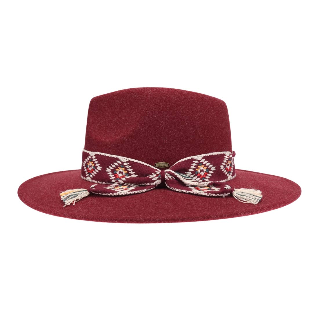 Aztec Trim Band Vegan Fabric C.C Panama Hat: Wine