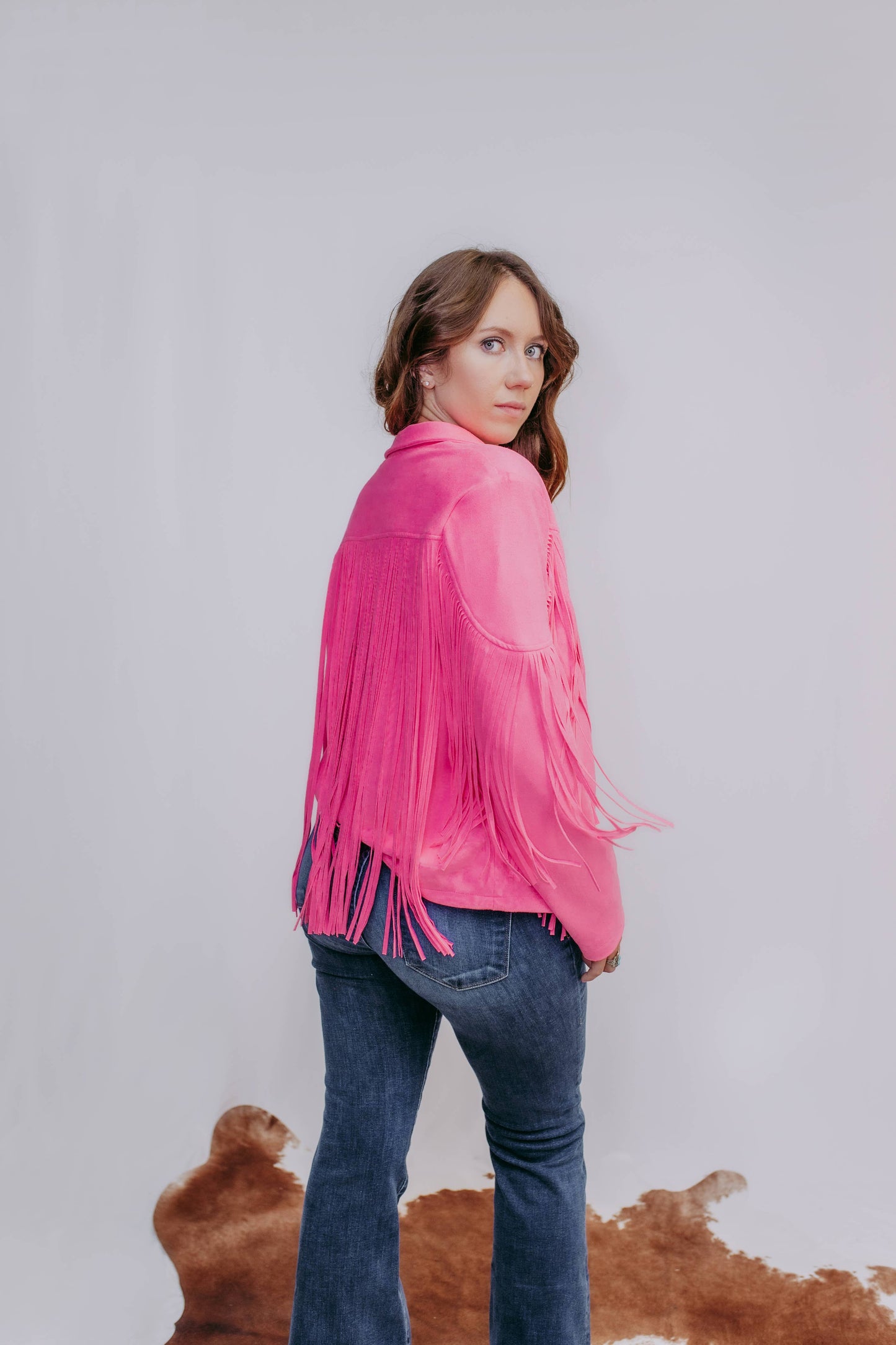 Fringe Vegan Suede Jacket -Hot Pink