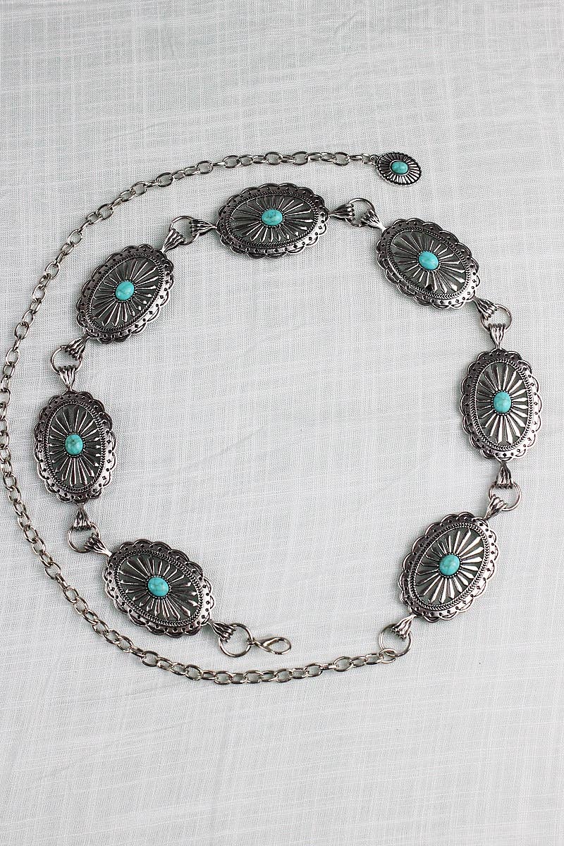Vintage Turquoise Chain Belt: Antique Silver