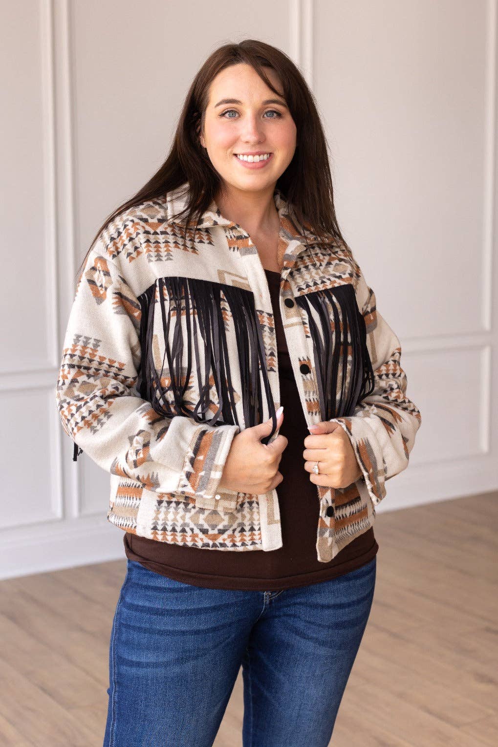 Boho Breeze Aztec Jacket with Fringe: Beige / Large