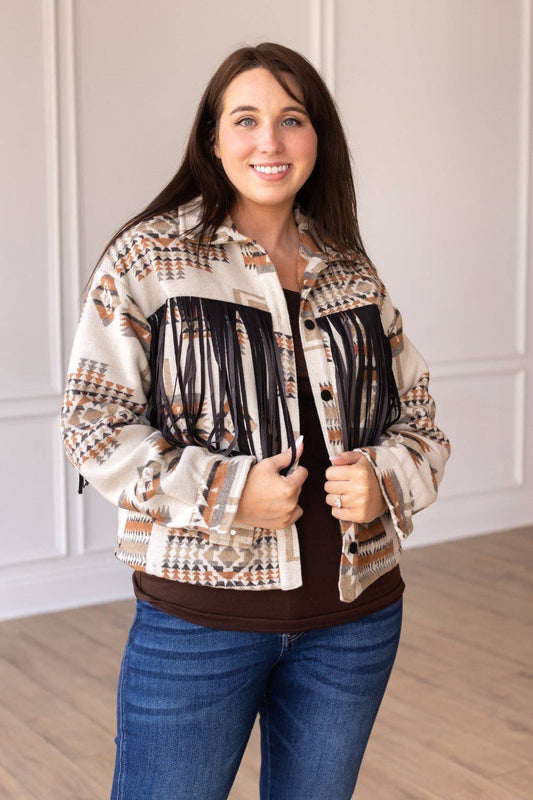 Boho Breeze Aztec Jacket with Fringe: Beige / Large