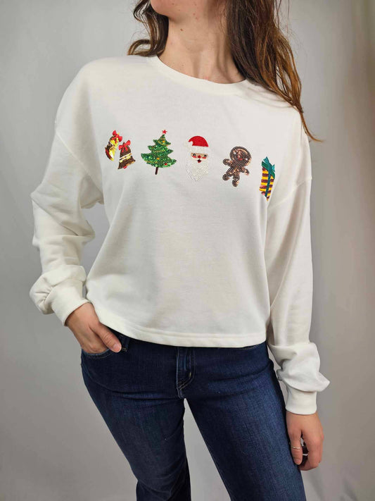 Sequin Santa Christmas Long Sleeve Crop Tee