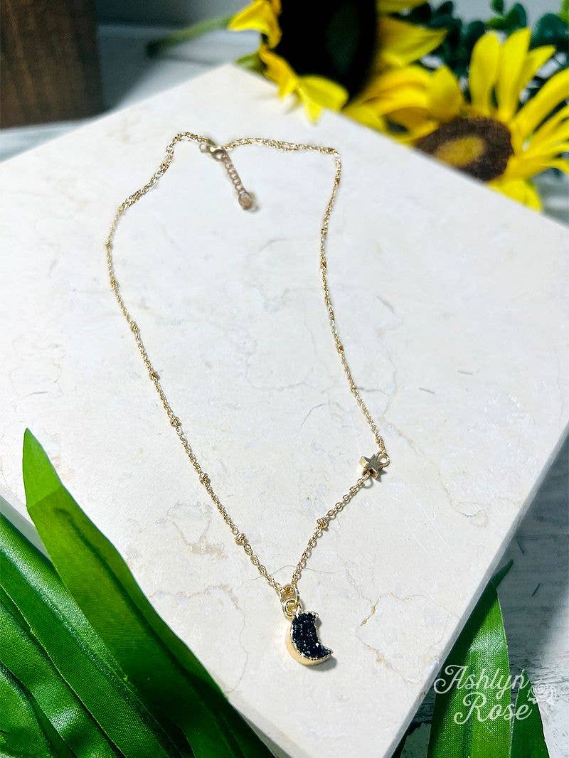 TALKING TO THE MOON IRIDESCENT DRUZY QUARTZ PENDANT GOLD NECKLACE, BLACK