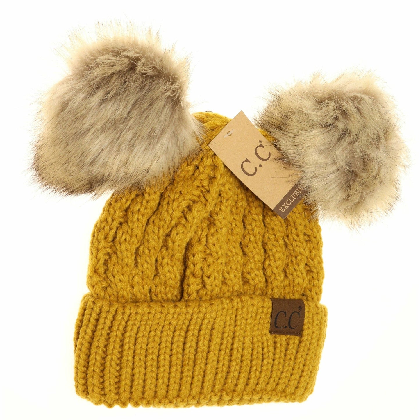 Cable Knit Double Pom Beanie: Dk. Grey