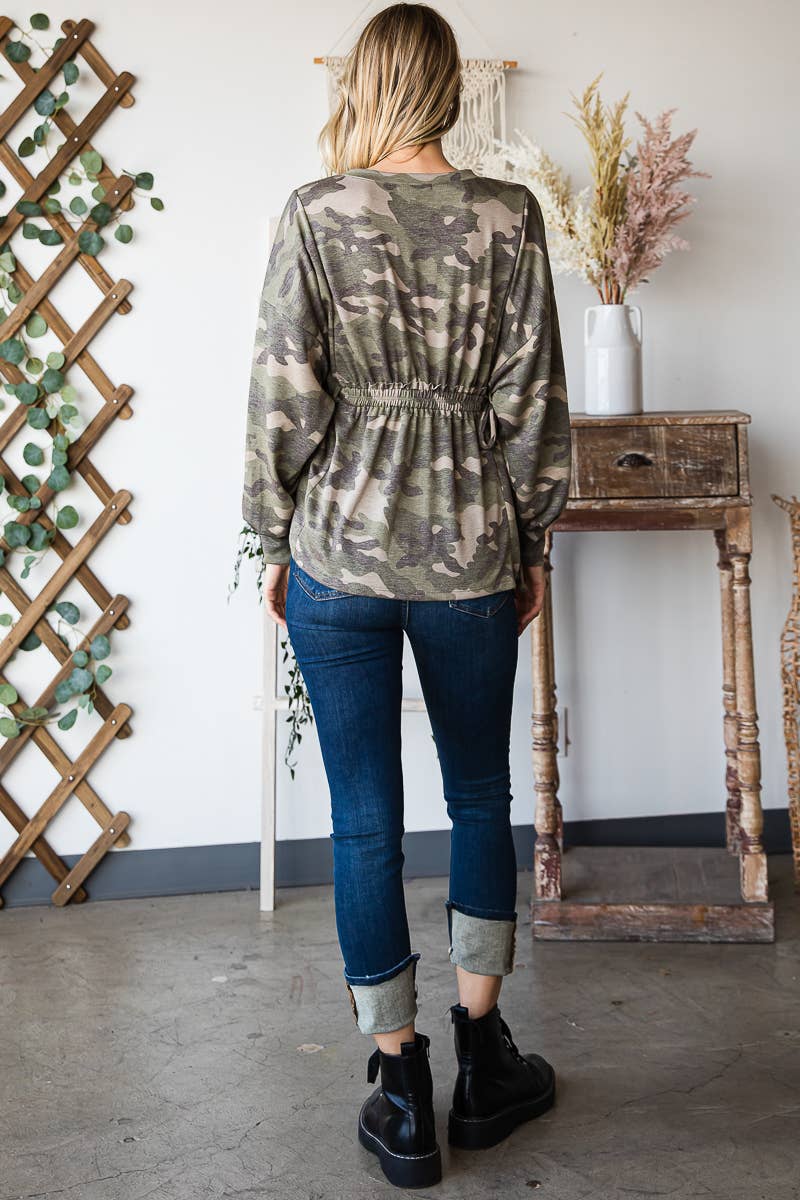 Long Sleeves Ruffle Elastic Waist Side Tie Top: Camo