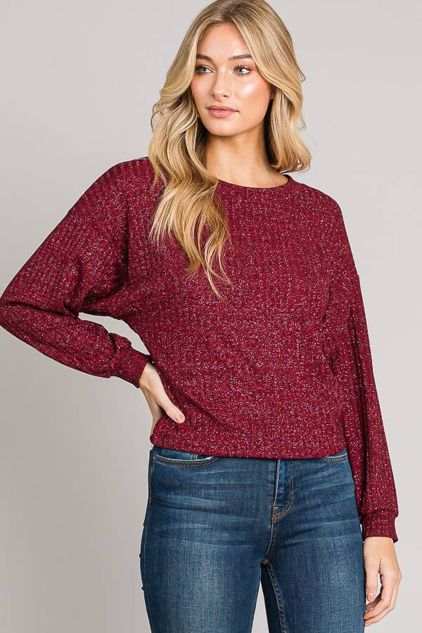 Long Sleeve Boxy Crop Top Lurex Rib Knit