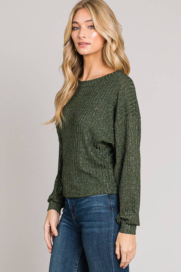 Long Sleeve Boxy Crop Top Lurex Rib Knit