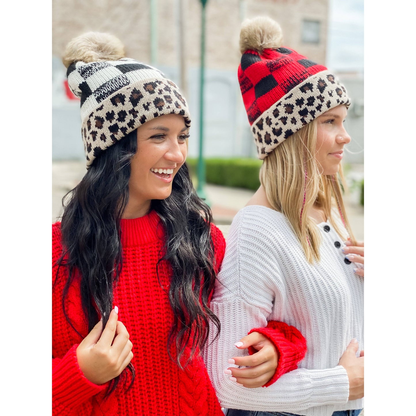 Leopard/Buffalo Mixed Print Fur Pom C.C Beanie: Red/Black