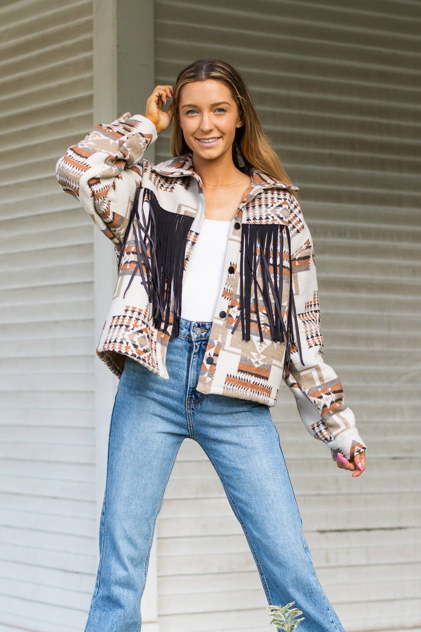 Boho Breeze Aztec Jacket with Fringe: Beige / Large