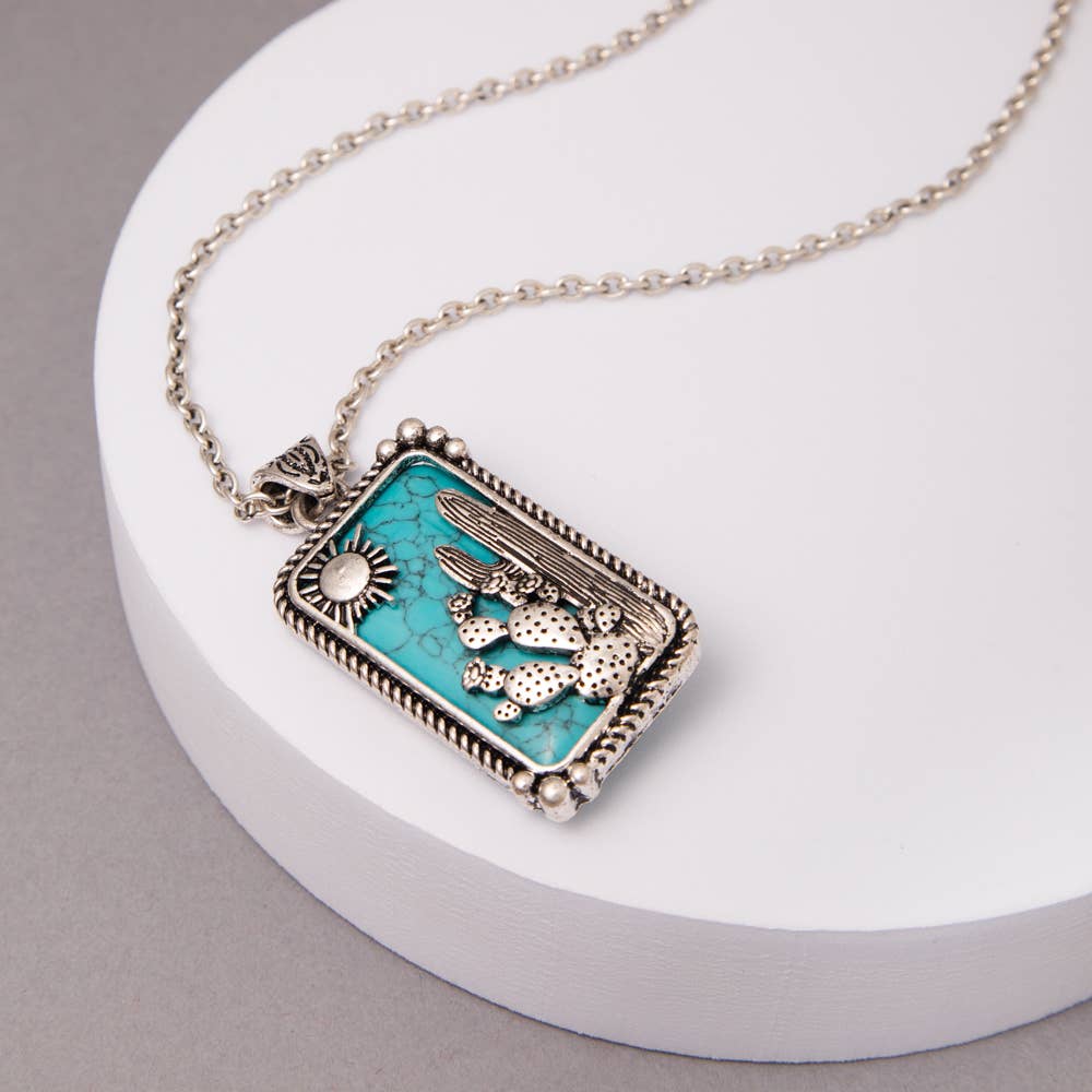 Western Turquoise Desert Cactus Bar Pendant Necklace: Blue