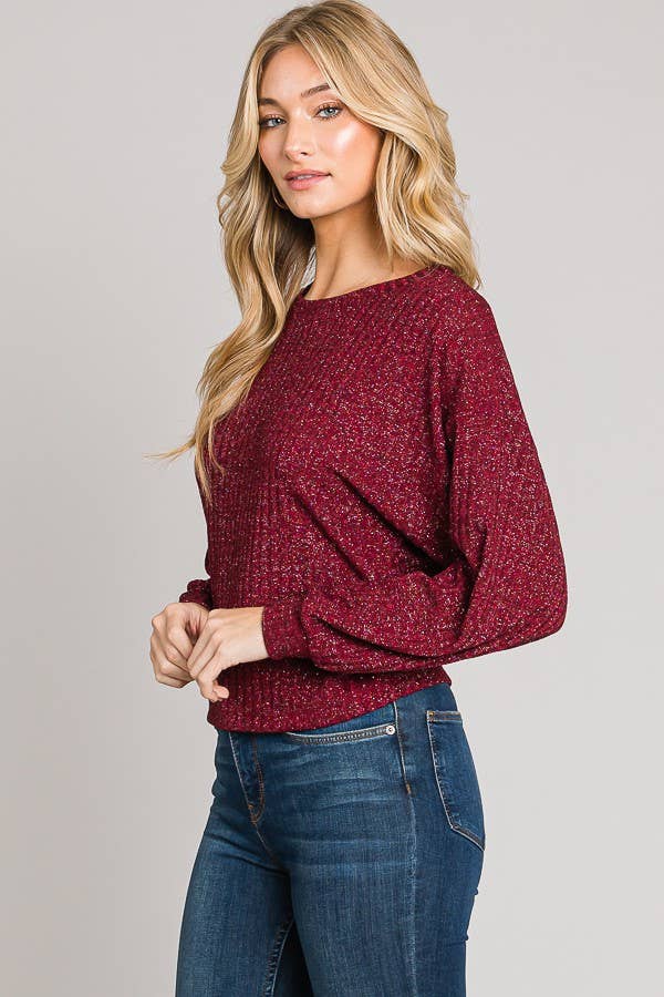 Long Sleeve Boxy Crop Top Lurex Rib Knit