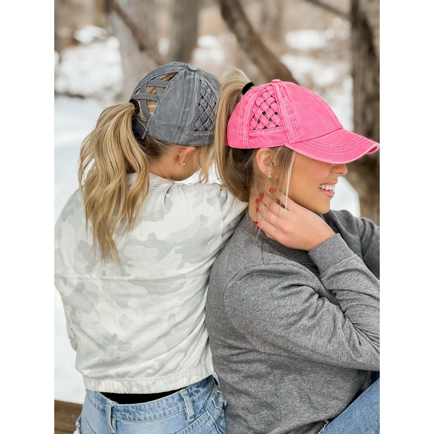Basket Woven Criss-Cross High Ponytail CC Ball Cap: Grey Camo