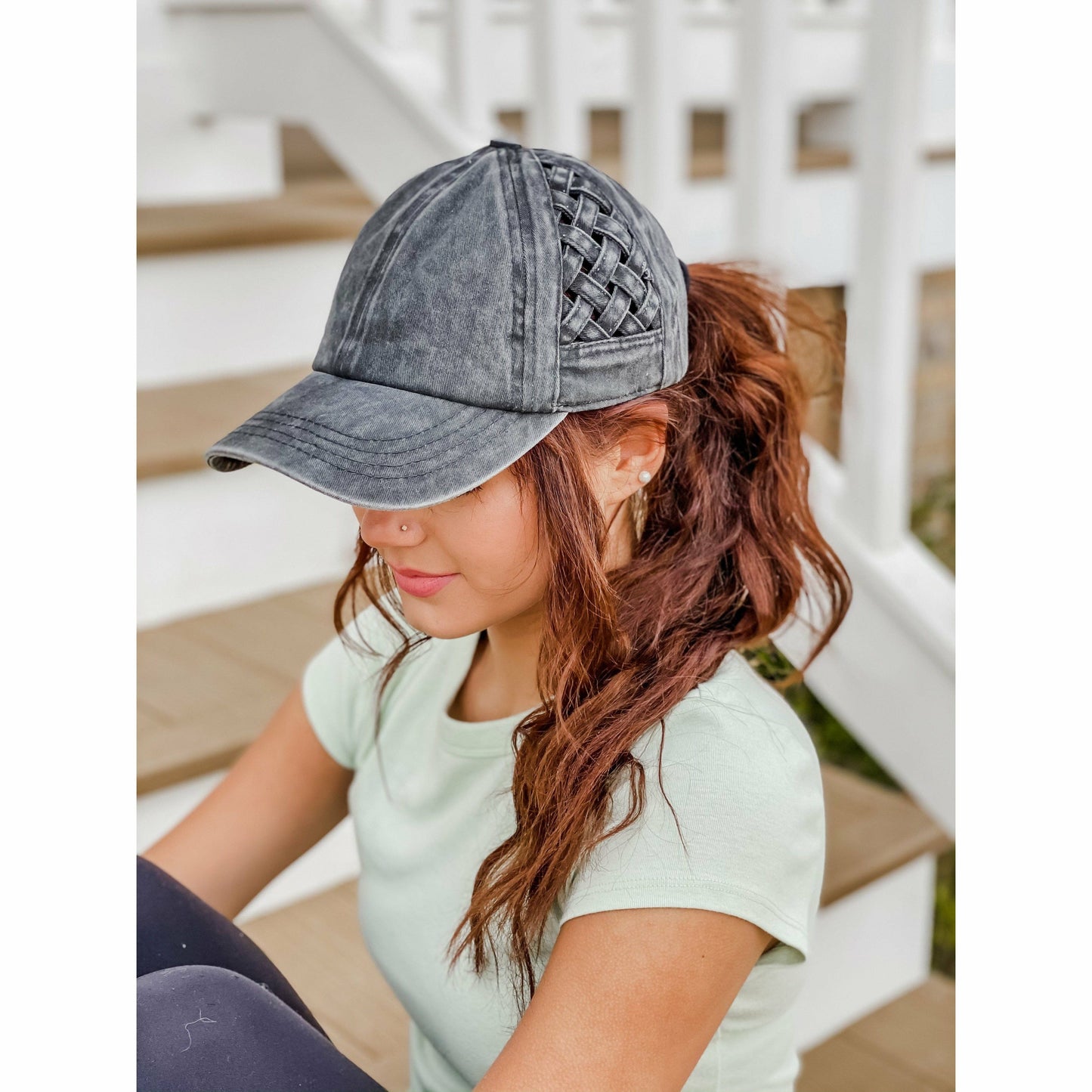 Basket Woven Criss-Cross High Ponytail CC Ball Cap: Grey Camo