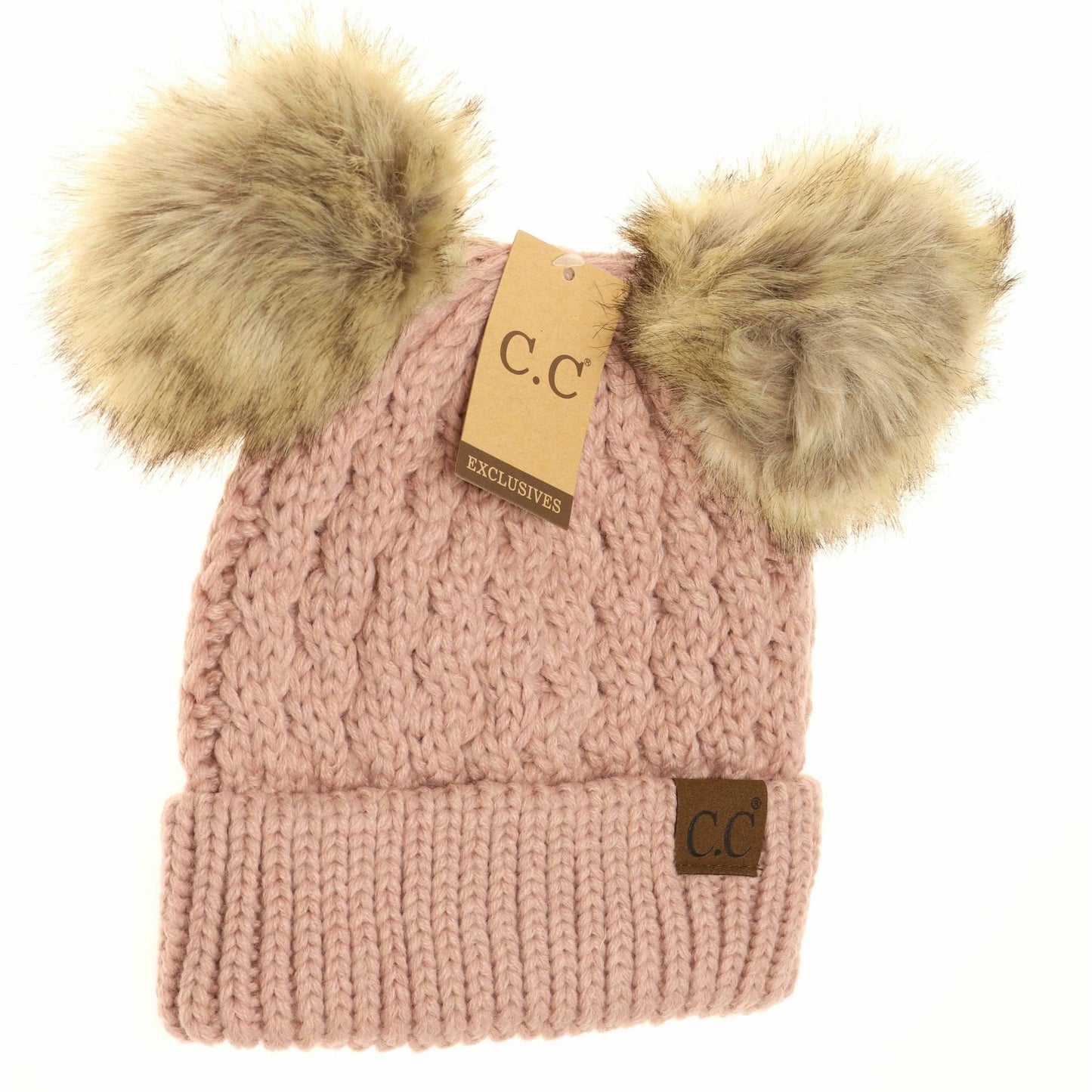 Cable Knit Double Pom Beanie: Rose