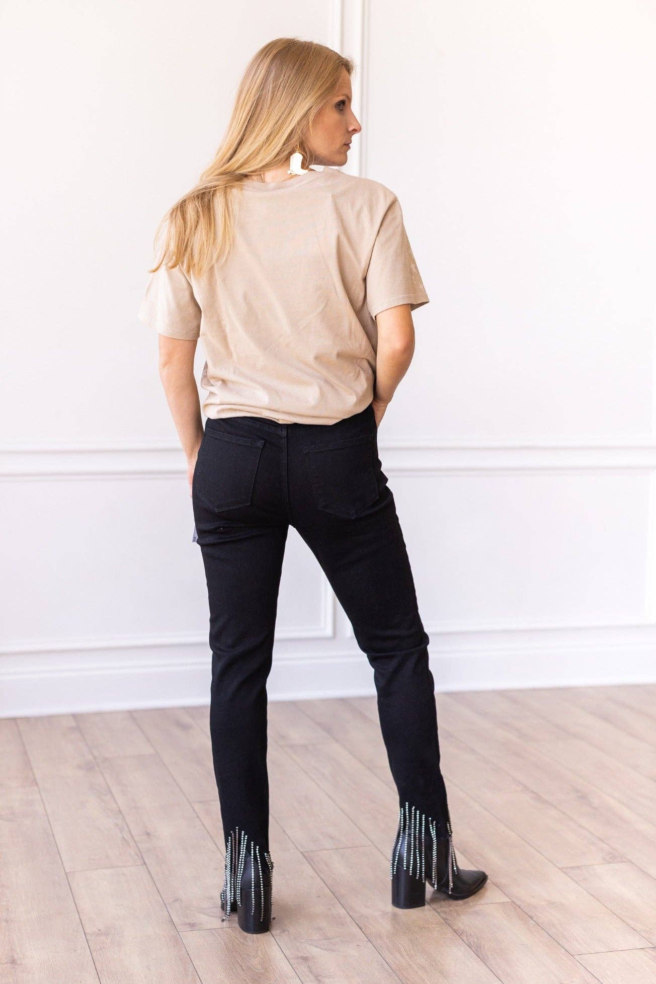 Black Skinny Jeans with Rhinestone Fringe Details