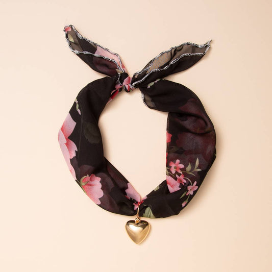 Heart Pendant Scarf Tie-Back Necklace: Floral