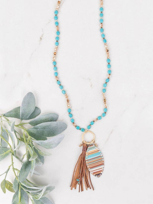Westward Bound Beaded Necklace with Serape Pendant & Leather Tassel