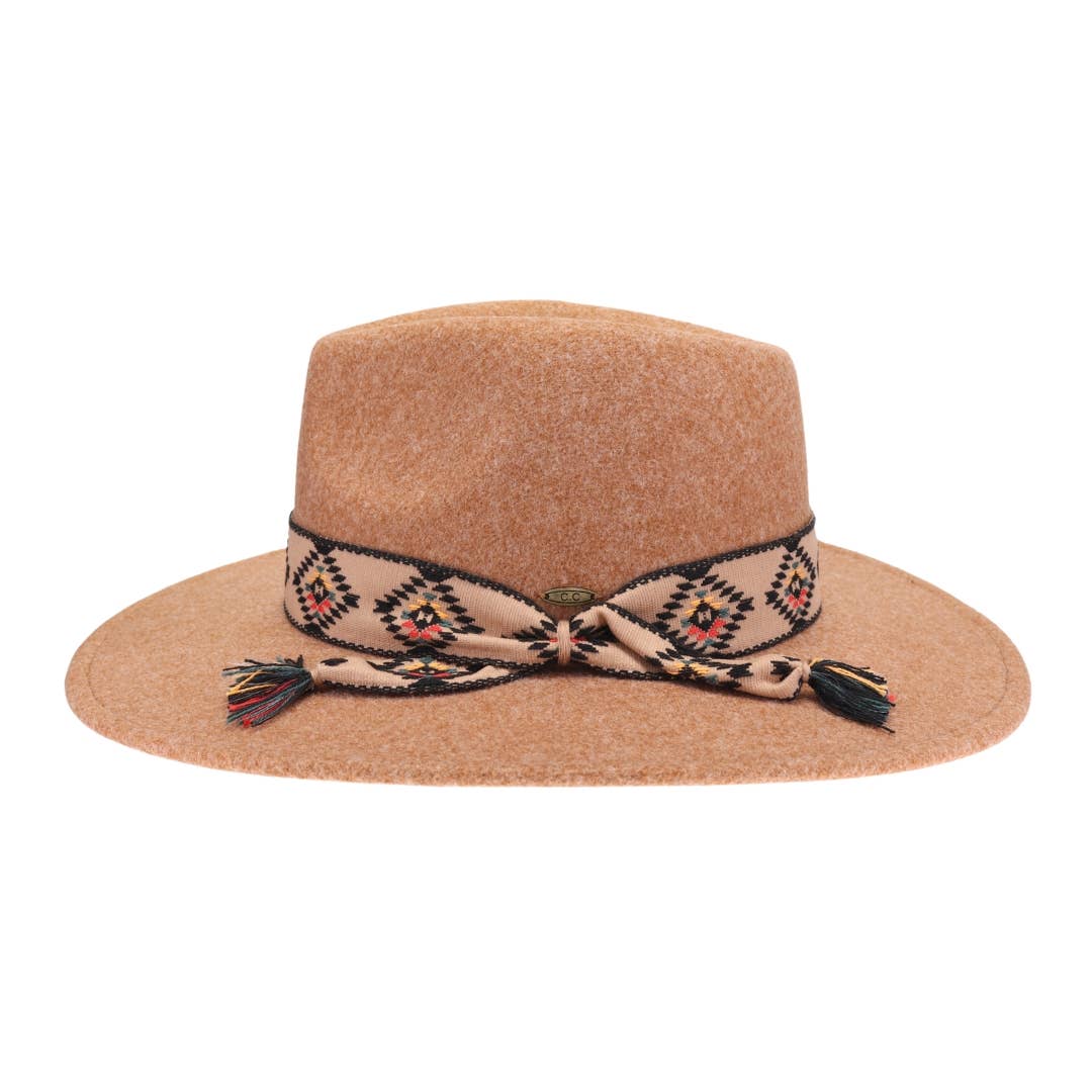 Aztec Trim Band Vegan Fabric C.C Panama Hat: Golden camel