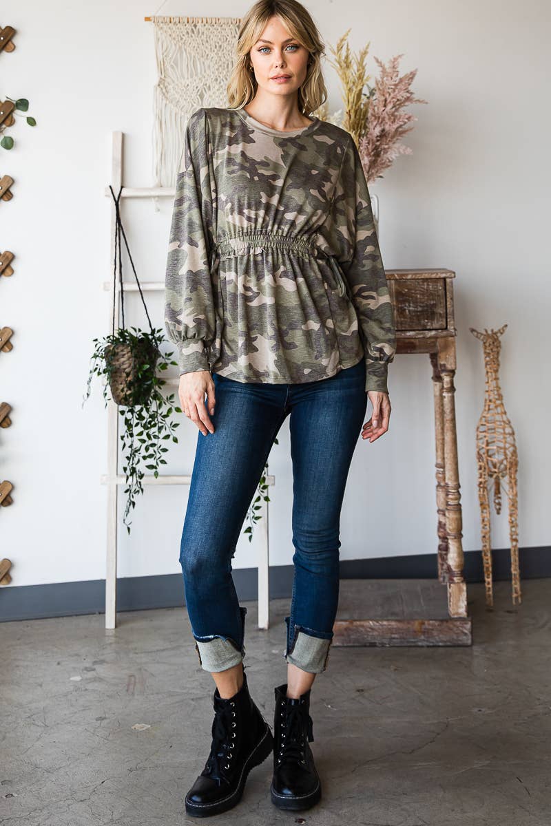 Long Sleeves Ruffle Elastic Waist Side Tie Top: Camo