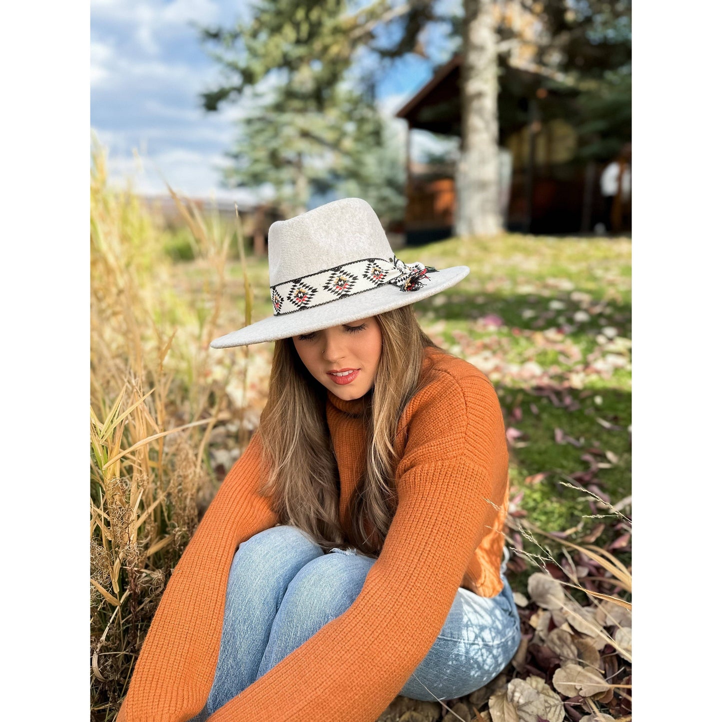 Aztec Trim Band Vegan Fabric C.C Panama Hat: Golden camel