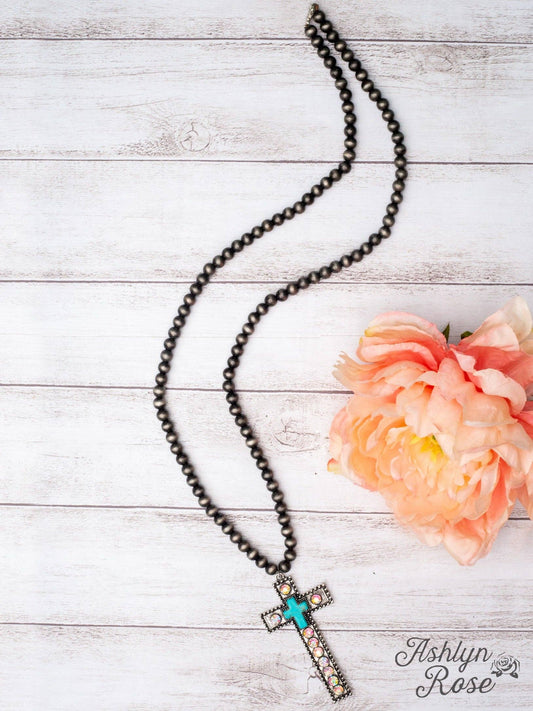JESUS AND RODEOS TURQUOISE ROCK SILVER CROSS PENDANT ON A NAVAJO PEARL NECKLACE