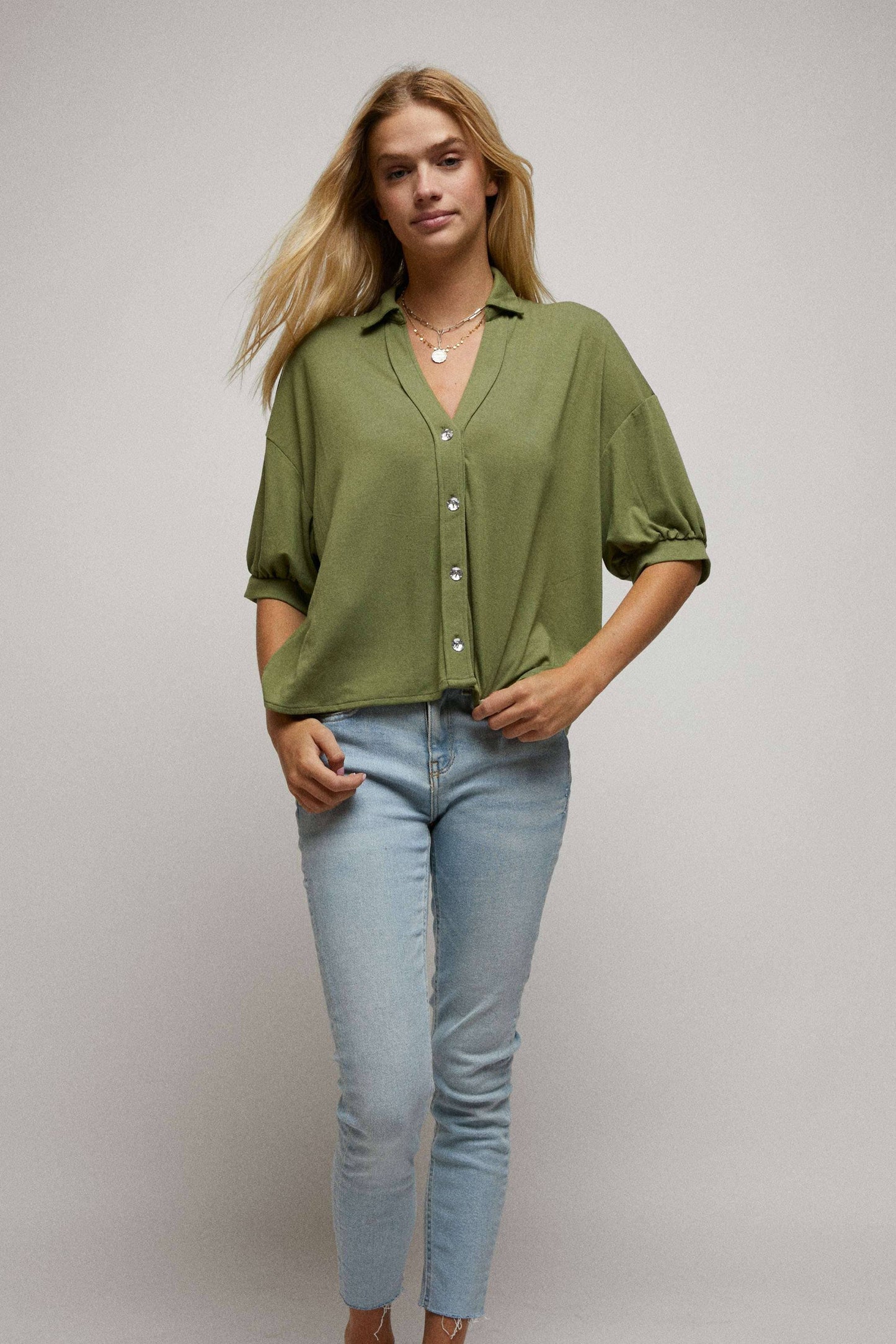 Elbow Sleeves W/Rhinestone Button Down Crop Shirt