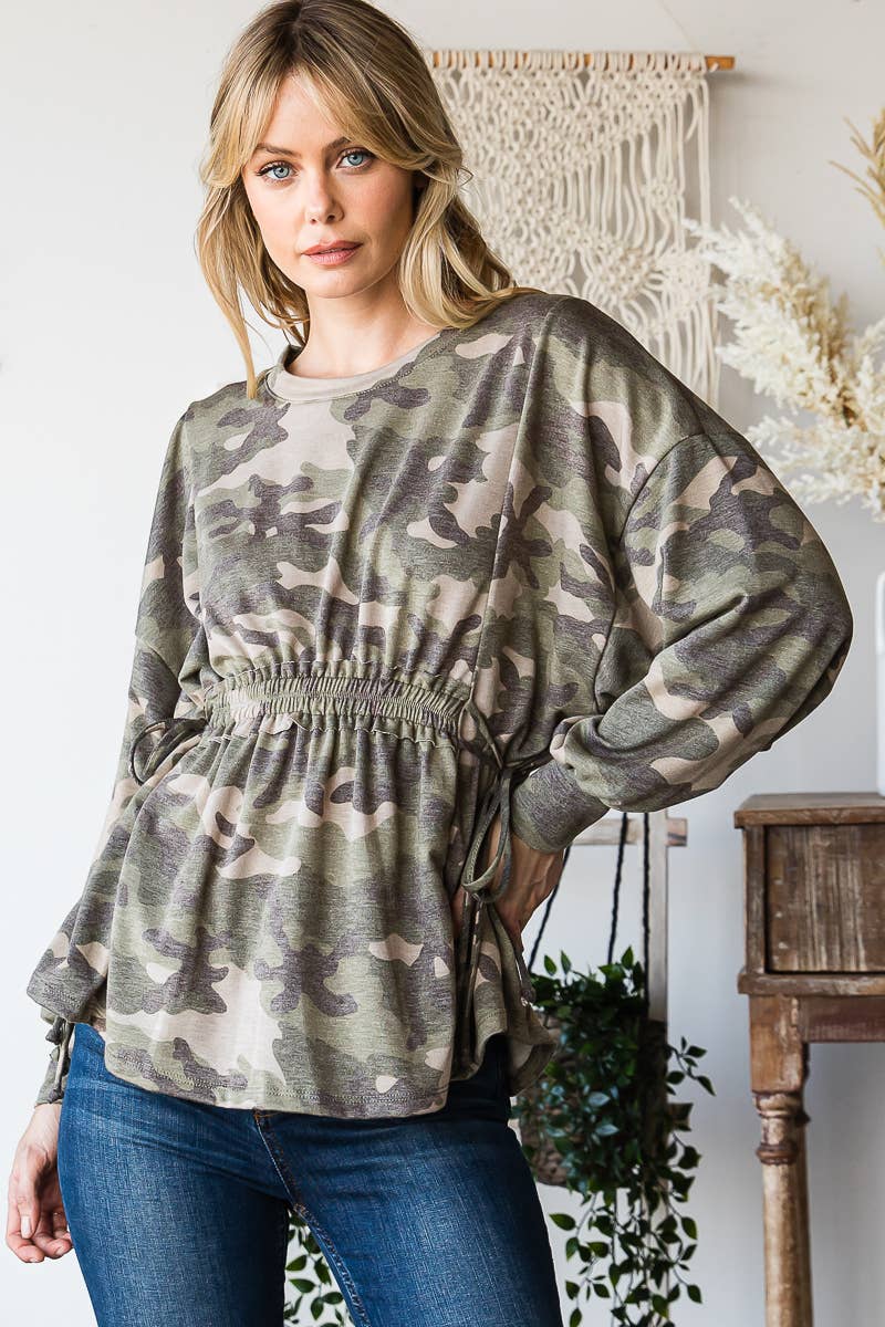 Long Sleeves Ruffle Elastic Waist Side Tie Top: Camo