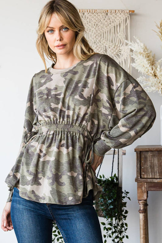 Long Sleeves Ruffle Elastic Waist Side Tie Top: Camo