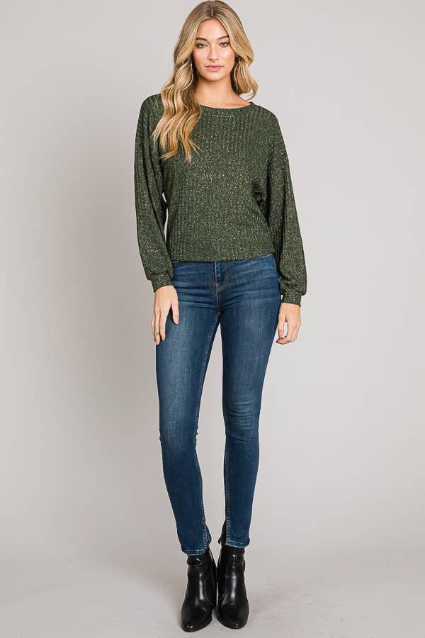 Long Sleeve Boxy Crop Top Lurex Rib Knit