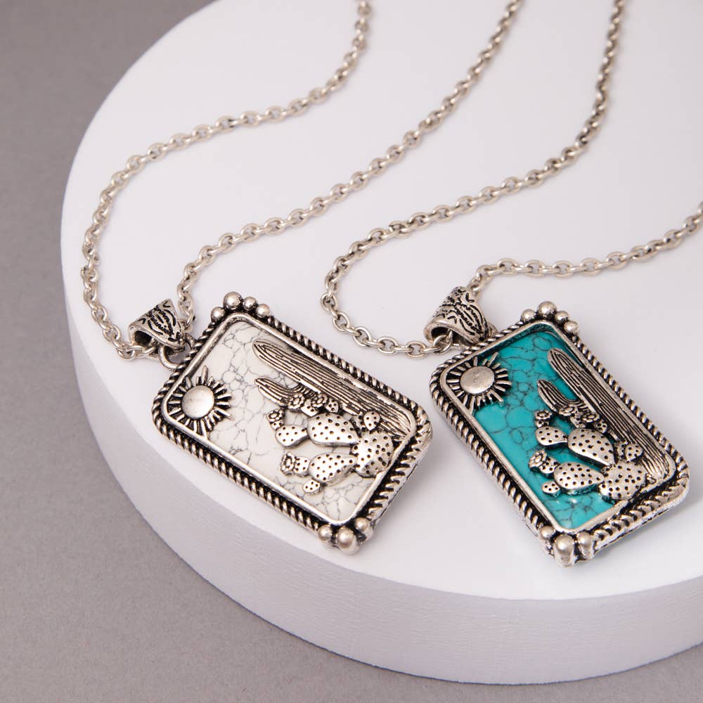 Western Turquoise Desert Cactus Bar Pendant Necklace: Blue
