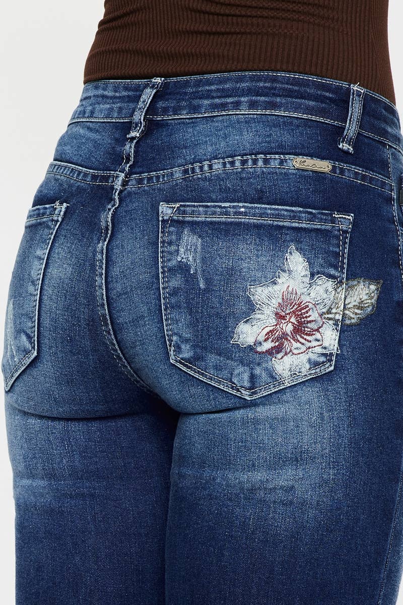 Kan Can USA Floral Embroidered Dark Denim Skinny Jeans