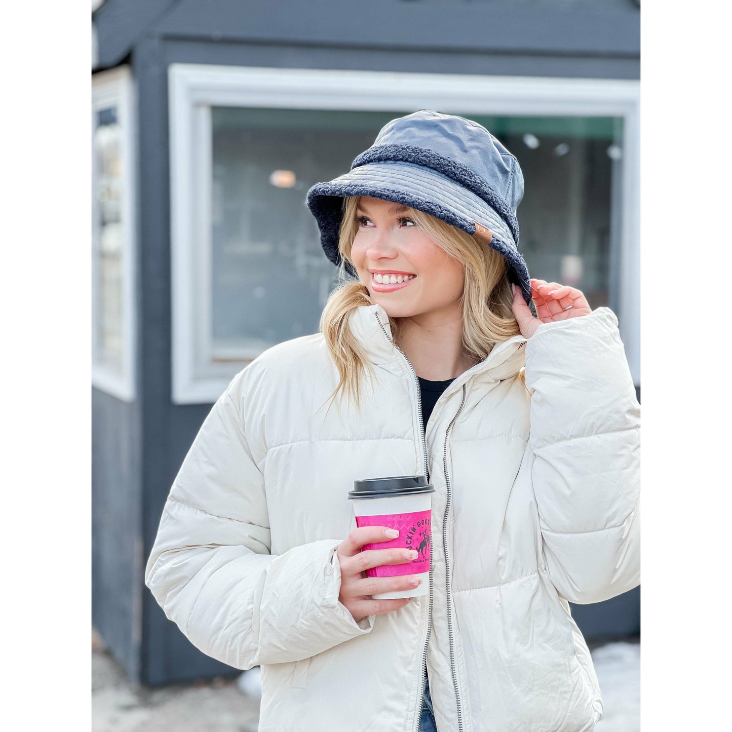 Soft Faux Leather Shearling C.C Bucket Hat: Dove