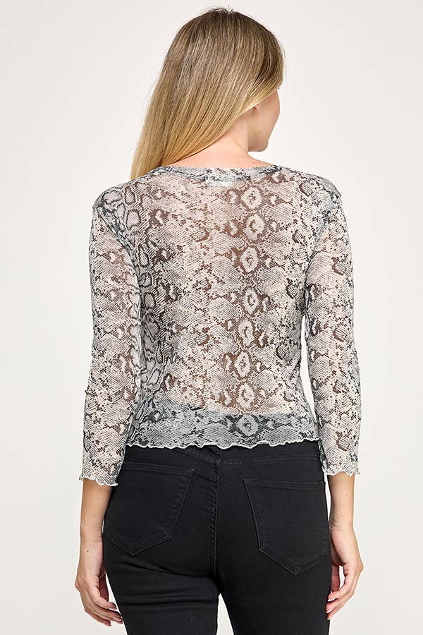 SHEER 3/4 SLEEVE WITH PRINT: GREY