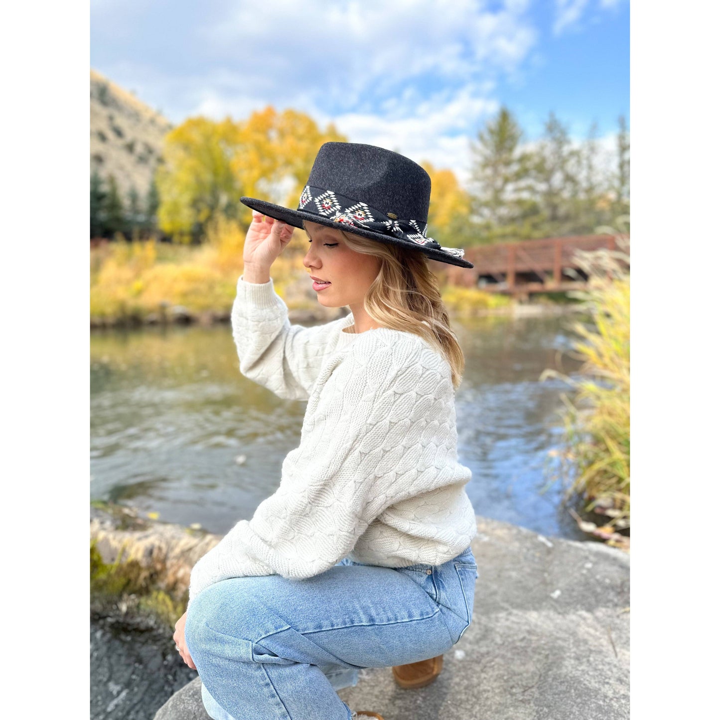 Aztec Trim Band Vegan Fabric C.C Panama Hat: Golden camel