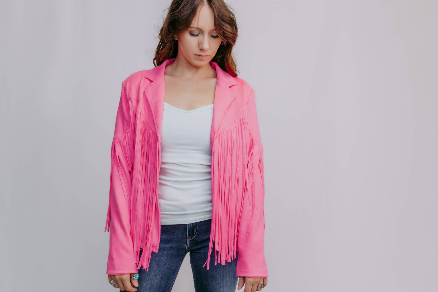 Fringe Vegan Suede Jacket -Hot Pink