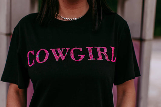 Cowgirl 3D Pink Sequin Embroidered Tee: Black