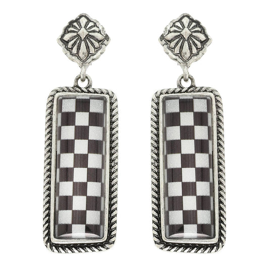 Western Epoxy Checkerboard Bar Post Earring: White