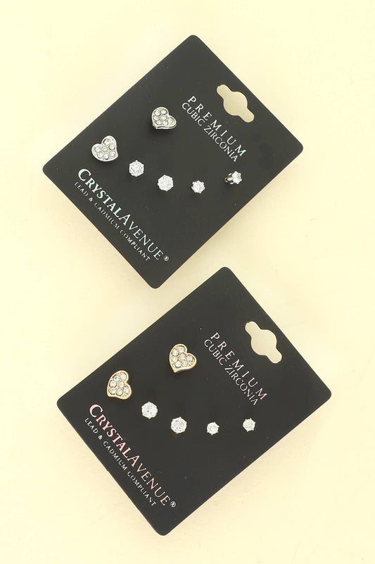 3 Pair Heart and Solitaire CZ Stud Earring Set : Silver